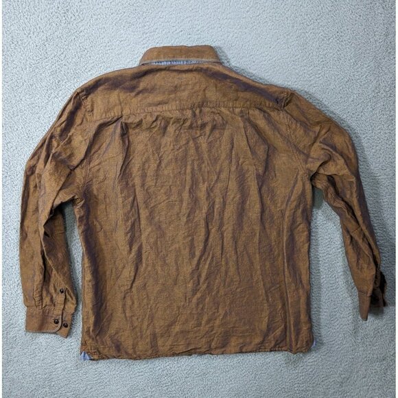 32 Bar Blues Shirt Mens XL Long Sleeve Button Linen Cotton Blend Metallic Brown - Picture 2 of 11